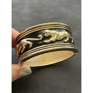 Vintage Gold Tone Black Enamel Leopard Hinged Clamp Bracelet Estate Costume